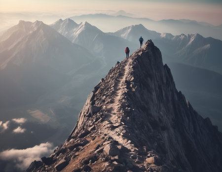 Man standing on top of the mountain and looking at the valley.の素材