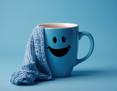 Blue mug with a smiley face and a scarf on a blue backgroundの素材