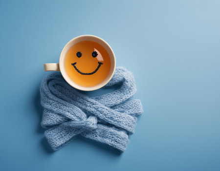 Cup of tea with smiley face and scarf on blue backgroundの素材