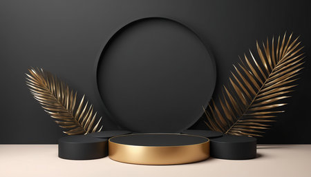 Black and gold podium with palm leaves, 3d rendering. Computer digital drawing.の素材