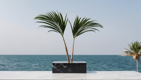 palm tree in a black pot on a white marble table near the seaの素材