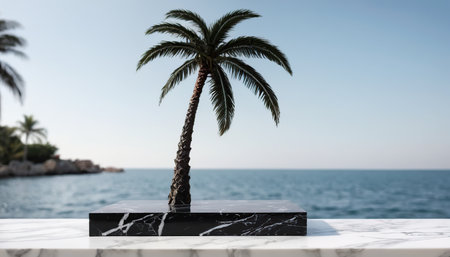Palm tree on a marble slab against the background of the seaの素材