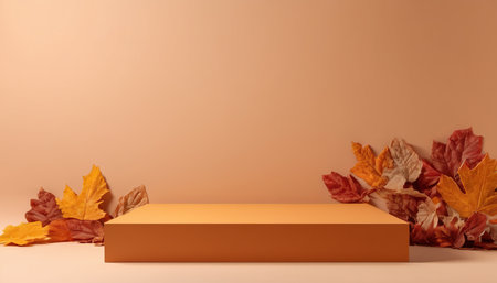 3d render of orange podium with autumn leaves on pastel backgroundの素材