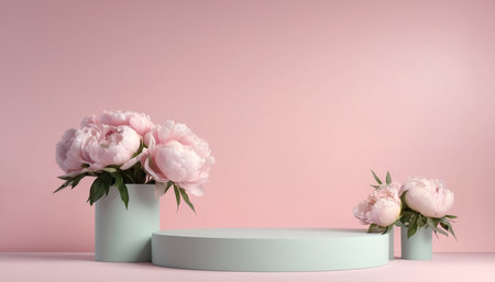 3d render of minimal display podium with peony flowers for cosmetic product presentation.の素材