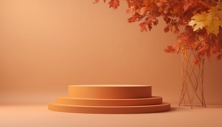 3d render of podium for product presentation with autumn leaves on orange backgroundの素材