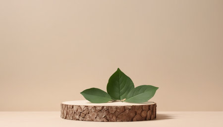 3d render of green leaf on wooden podium for product display.の素材