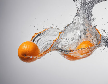 Fresh orange dropped into water with splash on gray background, close upの素材