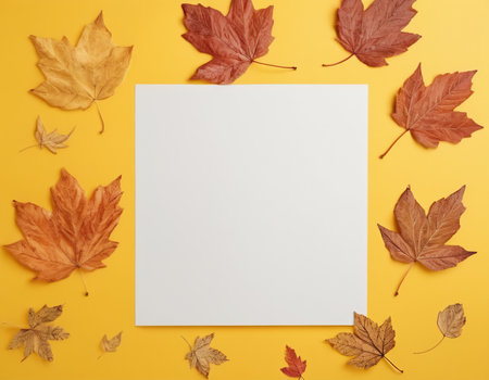 Autumn composition. Frame made of autumn leaves on yellow background. Flat lay, top view, copy spaceの素材