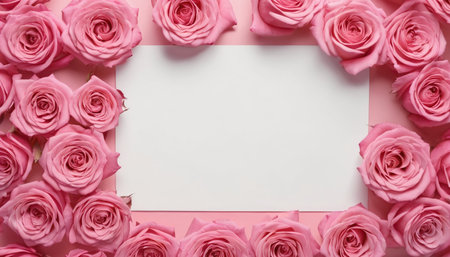 Pink roses and blank paper on pink background, flat lay. Space for textの素材