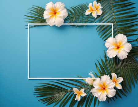 Tropical palm leaves and flowers on blue background, flat layの素材