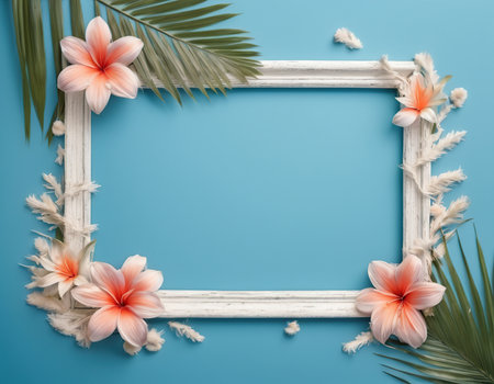 Frame with tropical flowers on blue background. Flat lay, top viewの素材
