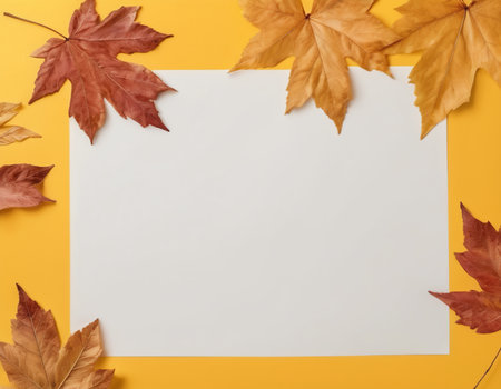 Autumn leaves on a yellow background with white sheet of paper.の素材