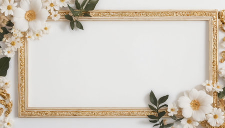 Flowers composition. Frame made of white flowers on white background. Flat lay, top view, copy spaceの素材
