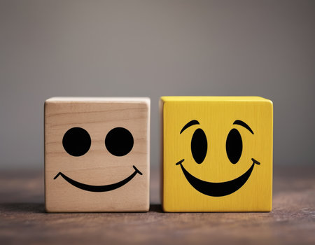 Wooden blocks with smiley faces on wooden background. Positive and negative emotions conceptの素材