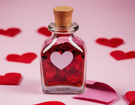 Valentine's day concept. Glass bottle with hearts on pink backgroundの素材