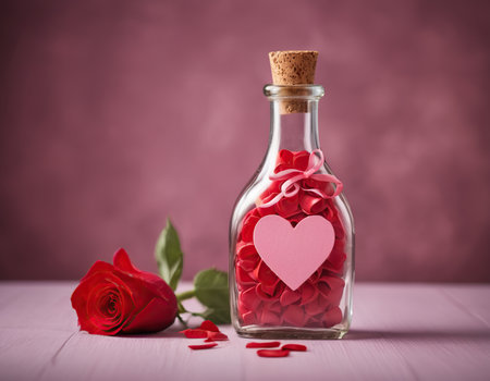Valentine's day greeting card with red rose, heart and glass bottleの素材