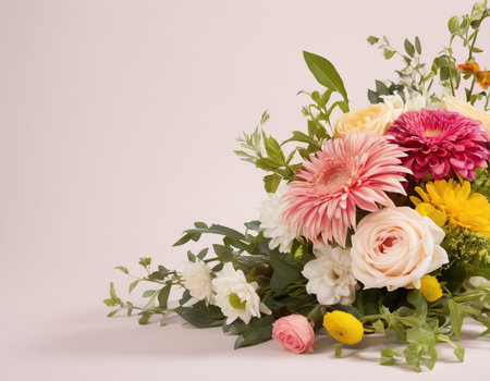 beautiful bouquet of different flowers on a pink background, copy spaceの素材