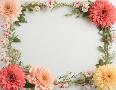 Flower frame with dahlias and gypsophila on white backgroundの素材