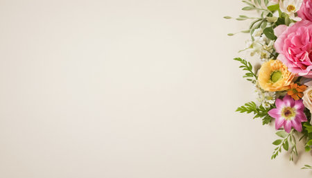 Flower frame on white background. Flat lay, top view, copy spaceの素材