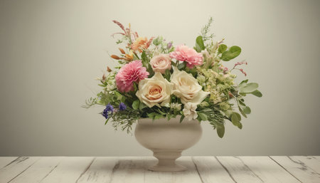 Bouquet of flowers in a vase on a wooden tableの素材