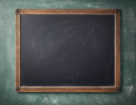 Blank blackboard with wooden frame on green chalkboard background.の素材