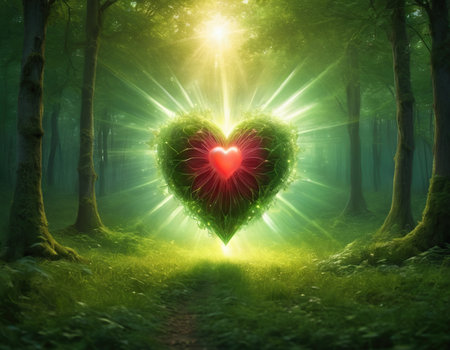 Heart in the forest with rays of light. Valentine's day backgroundの素材