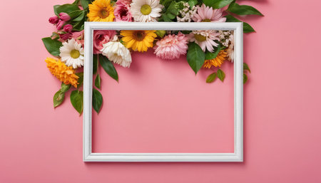 Flowers in white frame on pink background. Flat lay, top viewの素材