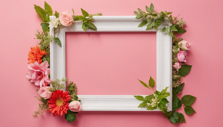 Flower frame on pink background. Flat lay, top view.の素材