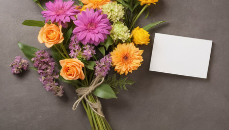 top view of bouquet of colorful flowers and blank card on gray backgroundの素材