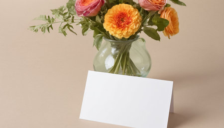 Flowers in vase with blank card on beige background.の素材
