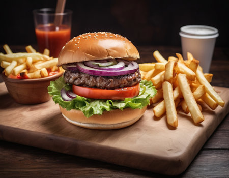 Cheese burger - American cheese burger with Golden French fries and fresh saladの素材
