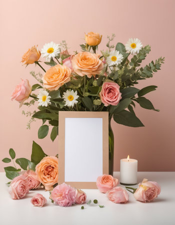 Bouquet of roses and daisies with blank photo frameの素材