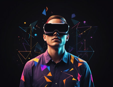 Young man with virtual reality headset or 3d glasses over black backgroundの素材