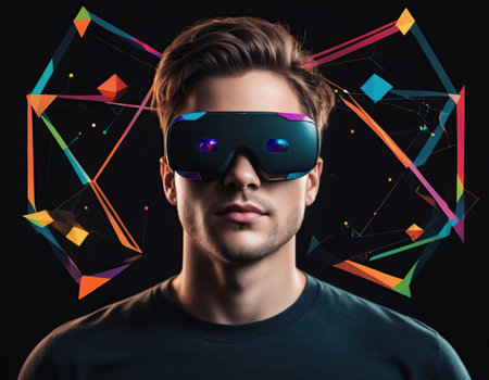 Portrait of a handsome young man wearing virtual reality glasses. Technology concept.の素材