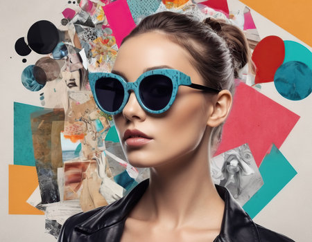 Portrait of a beautiful young woman in sunglasses on colorful background.の素材