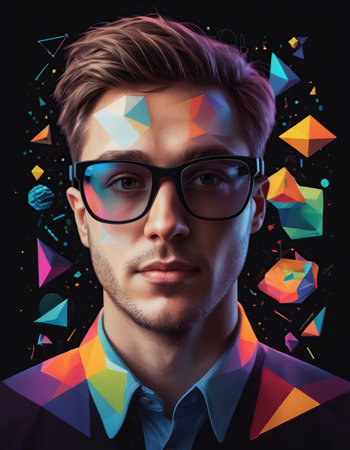 Portrait of a handsome young man with glasses and colorful geometric pattern on his face.の素材