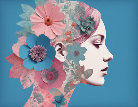 Portrait of a beautiful girl with flowers in her hair. Art collage.の素材