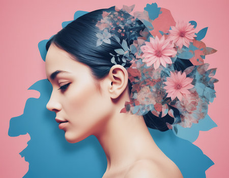 Portrait of a beautiful young woman with flowers in her hair.の素材