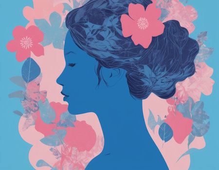 Illustration of a beautiful woman with flowers in her hair. Retro style.の素材