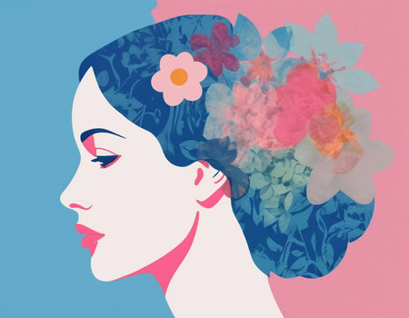 Portrait of beautiful woman with flowers in her hair. Vector illustration.の素材