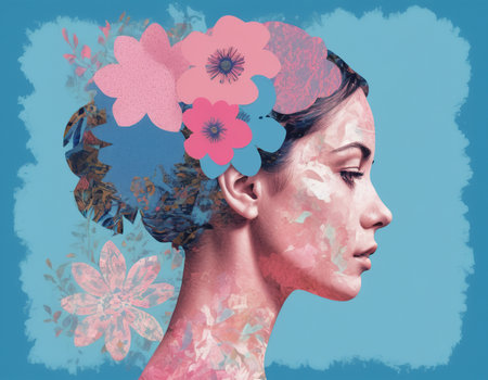 Portrait of a beautiful woman with flowers in her hair against blue backgroundの素材