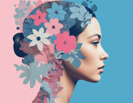 Portrait of a beautiful young woman with flowers in her hair. Beauty, fashion.の素材