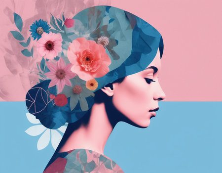 Fashion portrait of beautiful young woman in hat with flowers on her headの素材