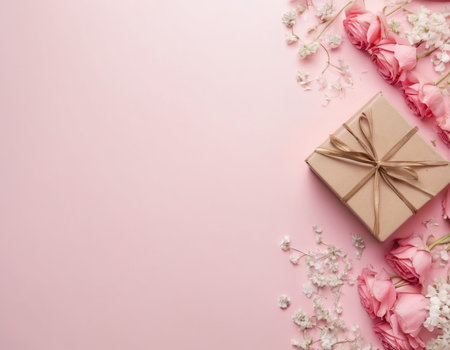 Gift box and flowers on pink background. Flat lay, top viewの素材