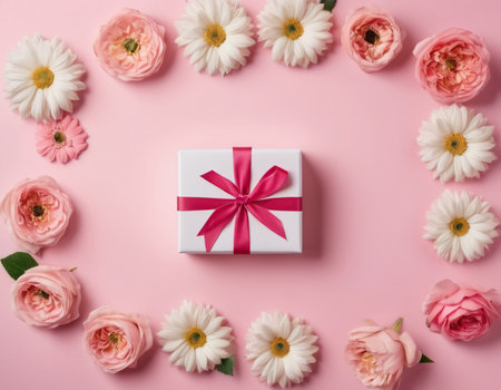 Flowers composition. White gift box with red ribbon and flowers on pink background. Flat lay, top view, copy spaceの素材