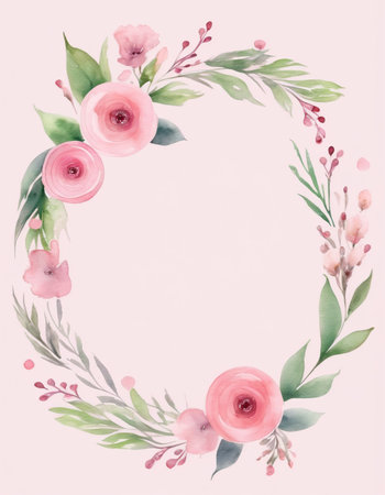 Watercolor floral wreath with pink flowers and green leaves on white backgroundの素材