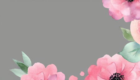 Watercolor floral background with pink flowers and green leaves. vector illustration.の素材