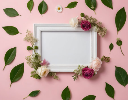 White frame with flowers on pink background. Flat lay, top viewの素材