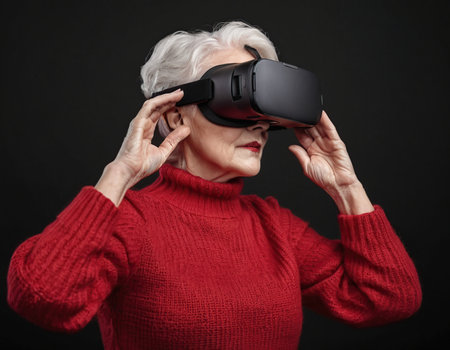 Elderly woman wearing virtual reality goggles. Studio shot on black background.の素材