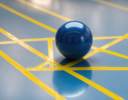 Blue ball and yellow lines on the floor. Selective focus.の素材
